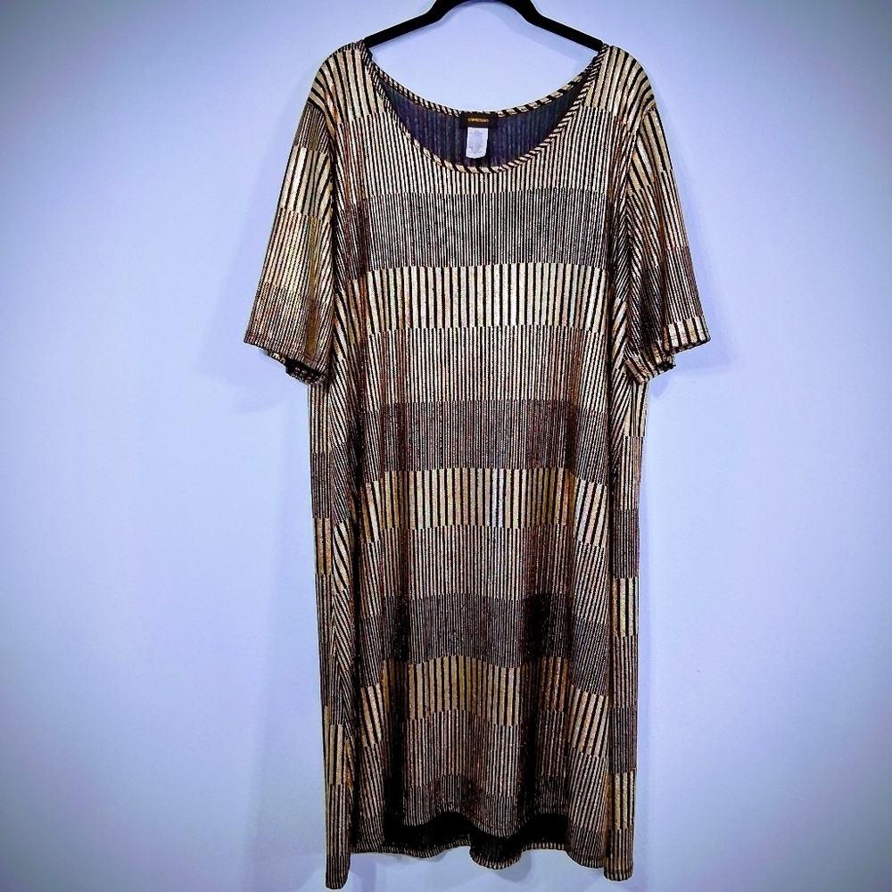Espresso Gold And Black Dress Metallic Short Sleeve Midi Length Lightweight 3x
